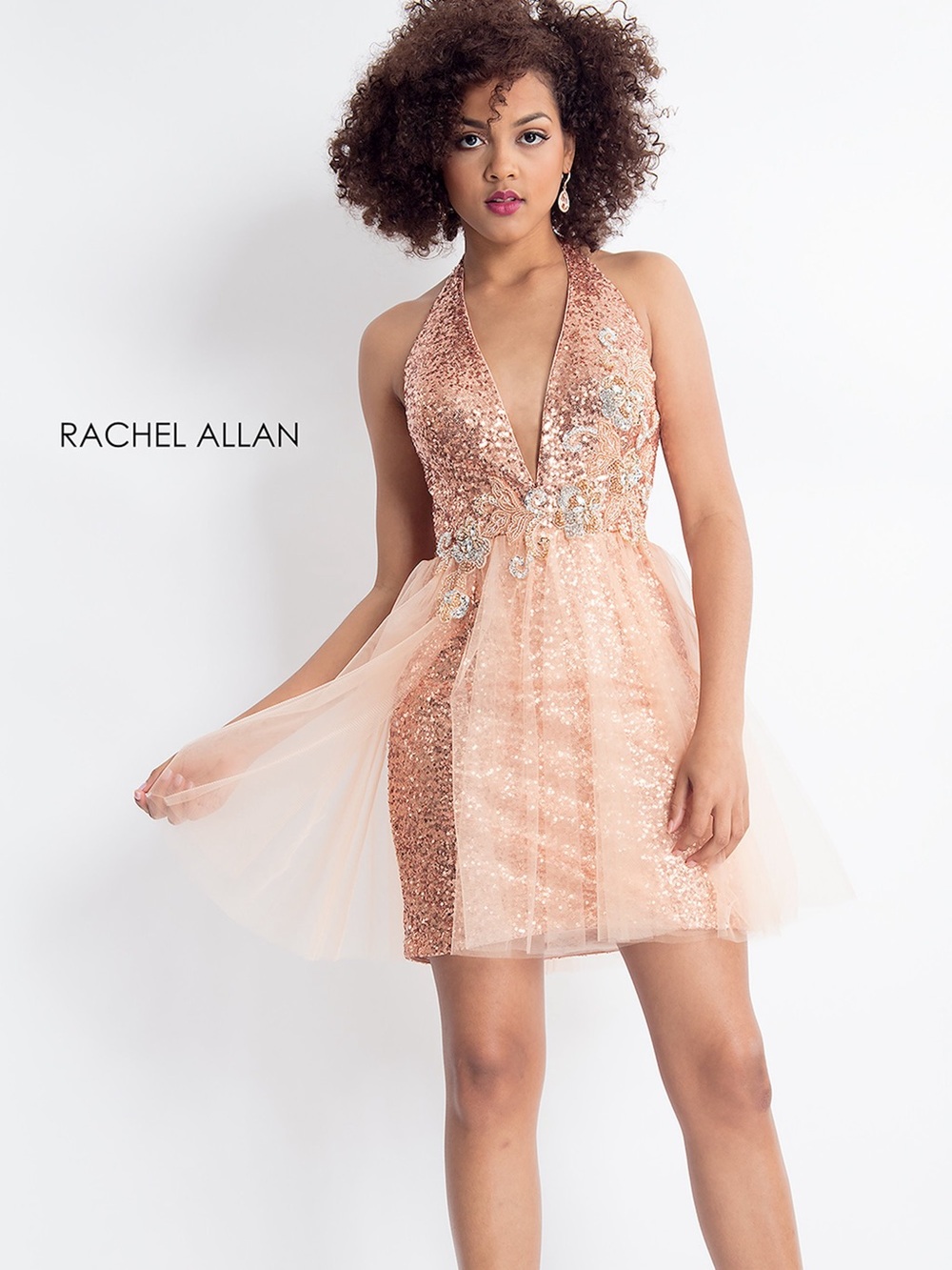 Rachel Allan Rose Gold Sequin Halter Mini Dress